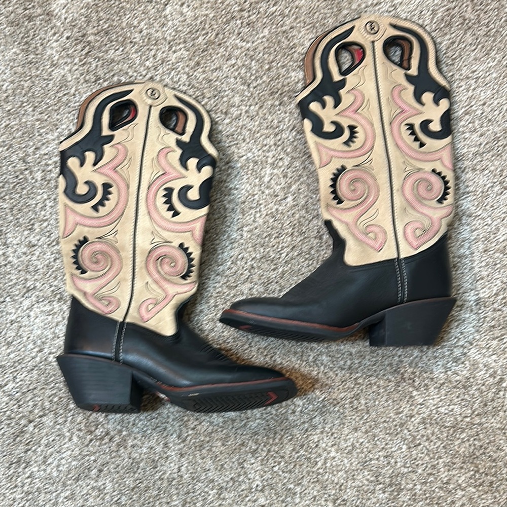 Tony Lama Black and Cream Western Heeled Boots with Pink Accents